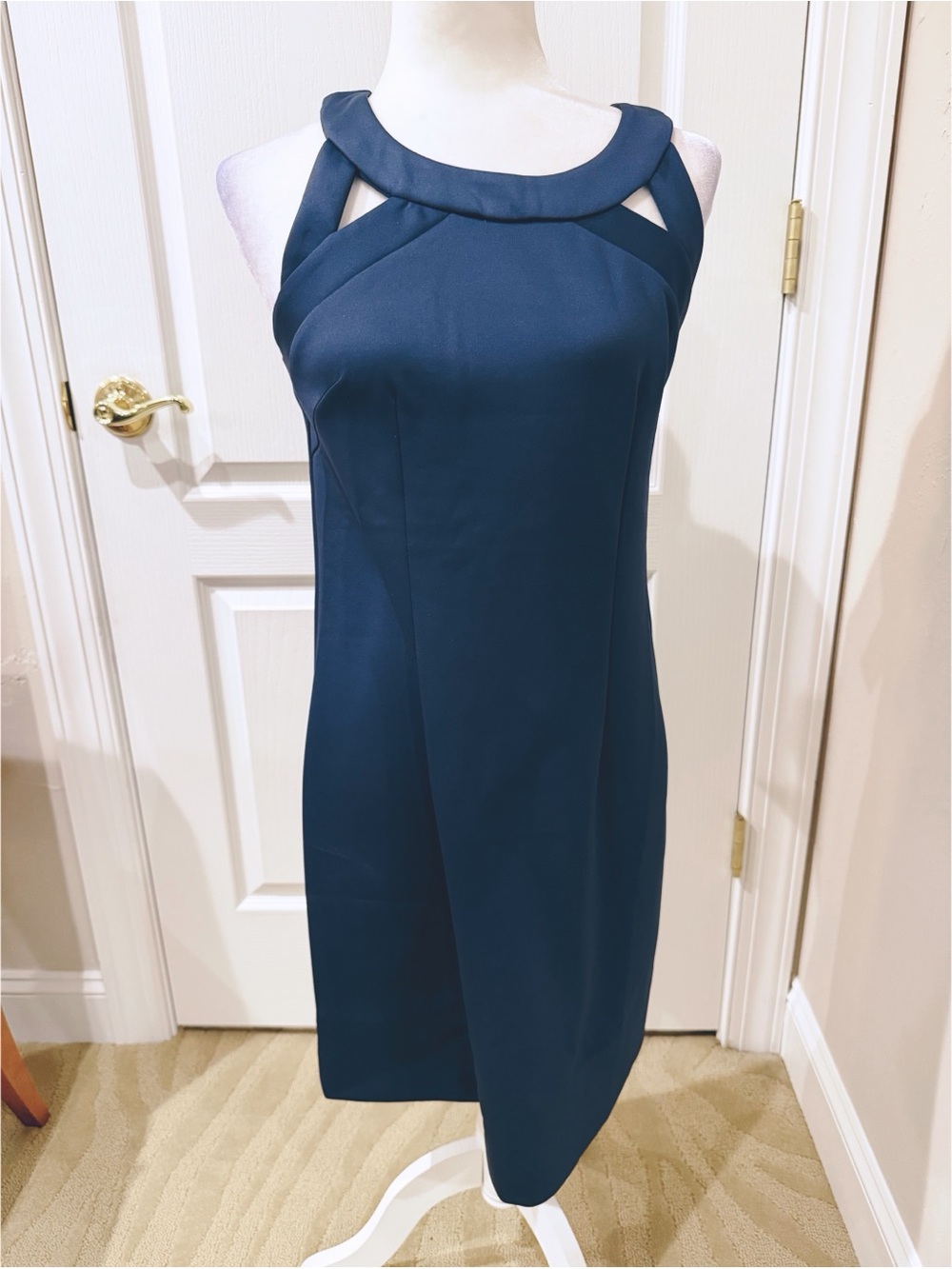 NWT Gretchen Scott Navy Sleeveless Sheath Dress with Cutout Neckline
